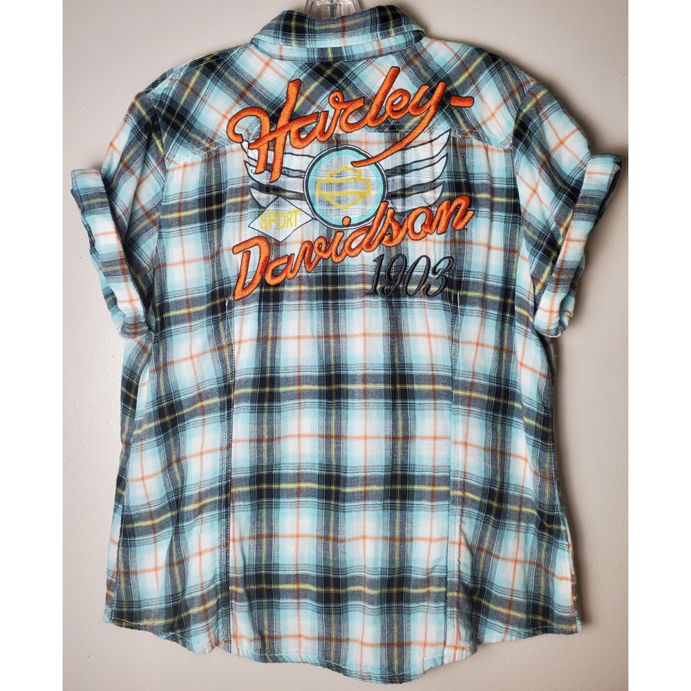 Harley-Davidson Orange and Blue Plaid Shirt
